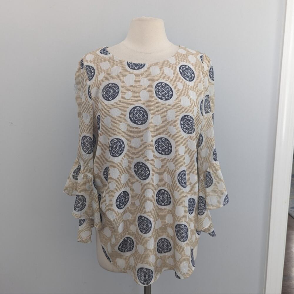 Joseph Ribkoff Off-Visit White-Gold Top Style 192606 Flutter Sleeves Size 10 - Picture 2 of 10